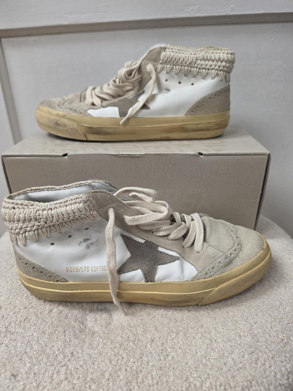 Golden Goose Beige and White High-Top Star Sneakers